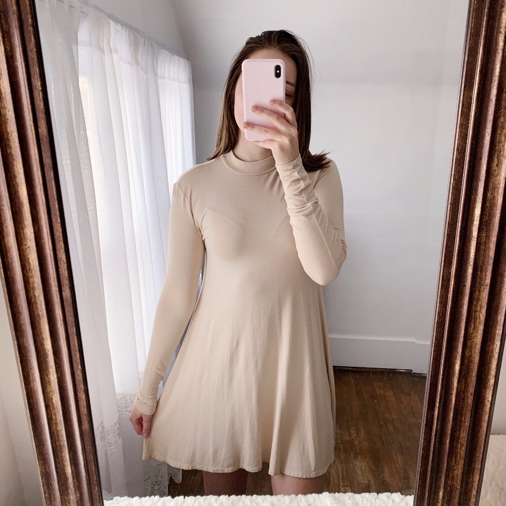 NWOT Womens Forever 21 S Cream Tan Mock Neck Dress